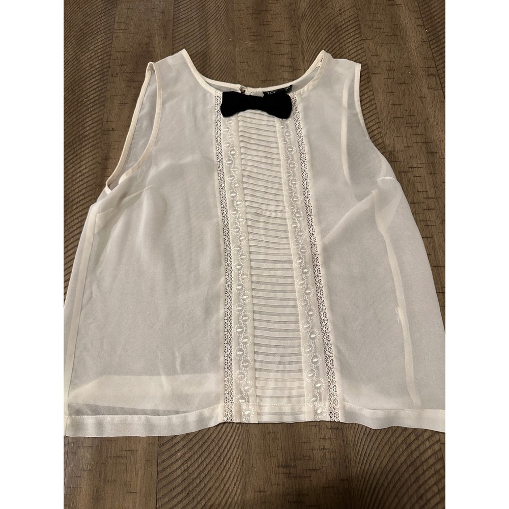 Woman's Topshop Sheer Tuxedo Lace Blouse Cream Bow Academic Coquette Size US 2